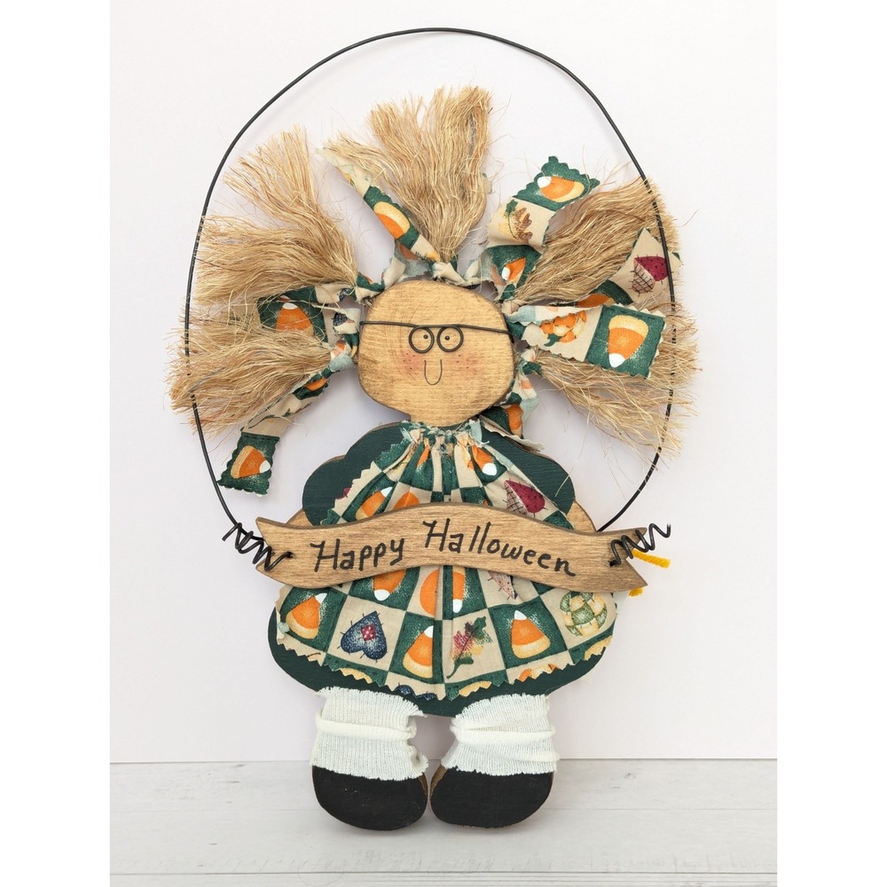 Primitive Folk Art Fall Halloween Wood Sign Rag Doll Candy Corn Wall Door Decor